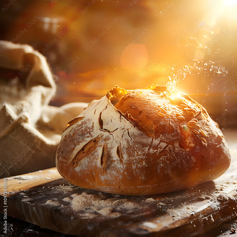 Freshly Baked Artisan Bread on Rustic Wooden Board with Flour Dust, Warm Light, and Inviting Atmosphere Perfect for Culinary Arts and Homemade Baking Projects Freshly Baked Artisan Bread on Rustic Wooden Board with Flour Dust, Warm Light, and Inviting Atmosphere Perfect for Culinary Arts and Homemade Baking Projects