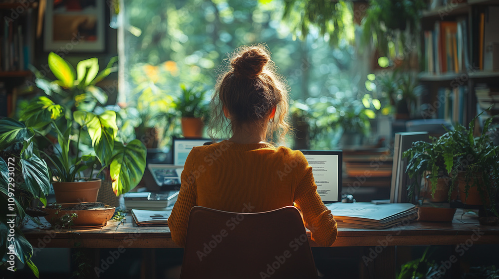 A professional finalizing a presentation while seated in a cozy coworking space with greenery and natural light A professional finalizing a presentation while seated in a cozy coworking space with greenery and natural light