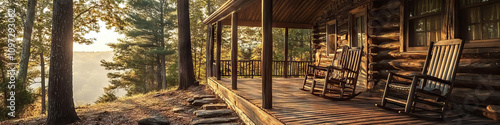 A rustic cabin nestled amongst the trees, with a wooden porch and rocking chairs, offering a peaceful retreat to travelers.