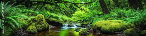 Vibrant Forest: The vivid greens of moss-covered trees and ferns surround a trickling stream, inviting visitors to explore the lush natural beauty of Oregon's forests.