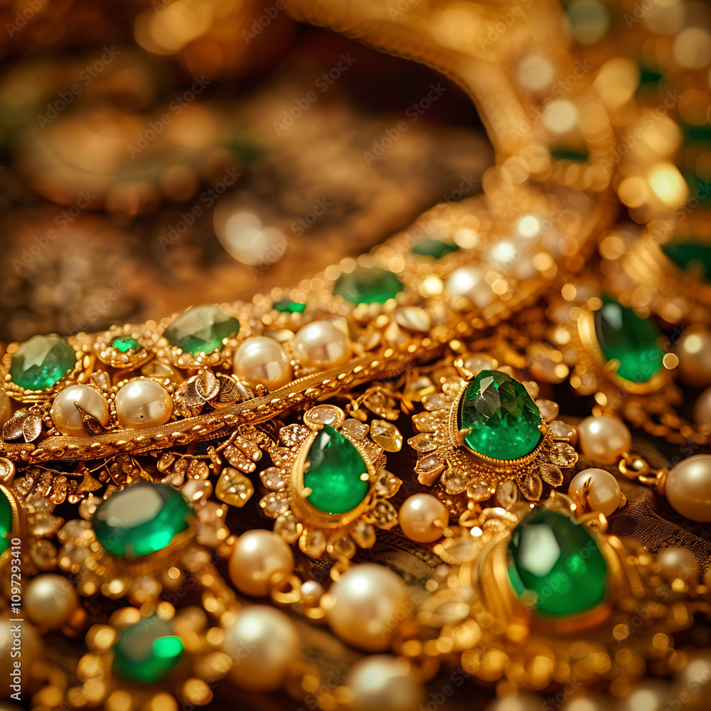 Elegant and Intricate Gold Jewelry with Green Gemstones and Pearls Displayed on a Richly Textured Background for Luxury and Fashion Themes Elegant and Intricate Gold Jewelry with Green Gemstones and Pearls Displayed on a Richly Textured Background for Luxury and Fashion Themes