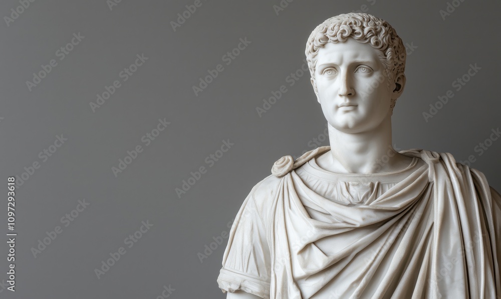 Marble statue of Roman emperor, detailed facial features, draped toga, classical art, smooth texture, neutral background Marble statue of Roman emperor, detailed facial features, draped toga, classical art, smooth texture, neutral background