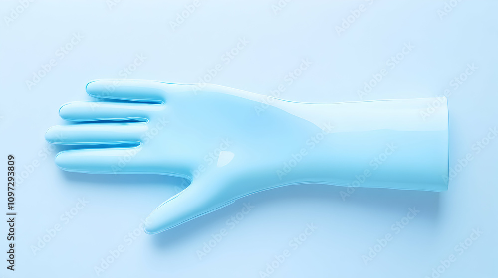 Light blue latex glove on a pale blue background. Light blue latex glove on a pale blue background.
