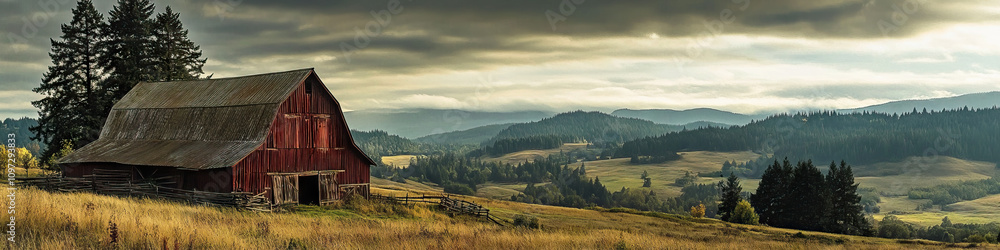 Fototapeta An ancient barn stands as a testament to the resilience of the Oregon countryside, framed by towering trees and rolling hills.