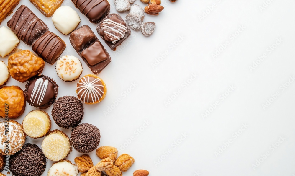 Assorted chocolates and sweets, variety of textures and flavors, including cookies, truffles, and nuts, arranged on white background Assorted chocolates and sweets, variety of textures and flavors, including cookies, truffles, and nuts, arranged on white background