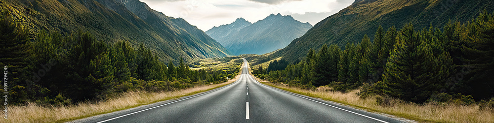 Empty highway leading into the distance, framed by towering pine trees and a stunning mountain range. Empty highway leading into the distance, framed by towering pine trees and a stunning mountain range.