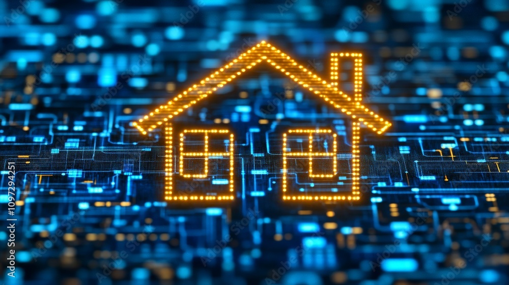 Obraz premium Neon gold glowing digital house set against a dark futuristic matrix, representing smart grid technology, renewable energy integration, and high tech housing concepts