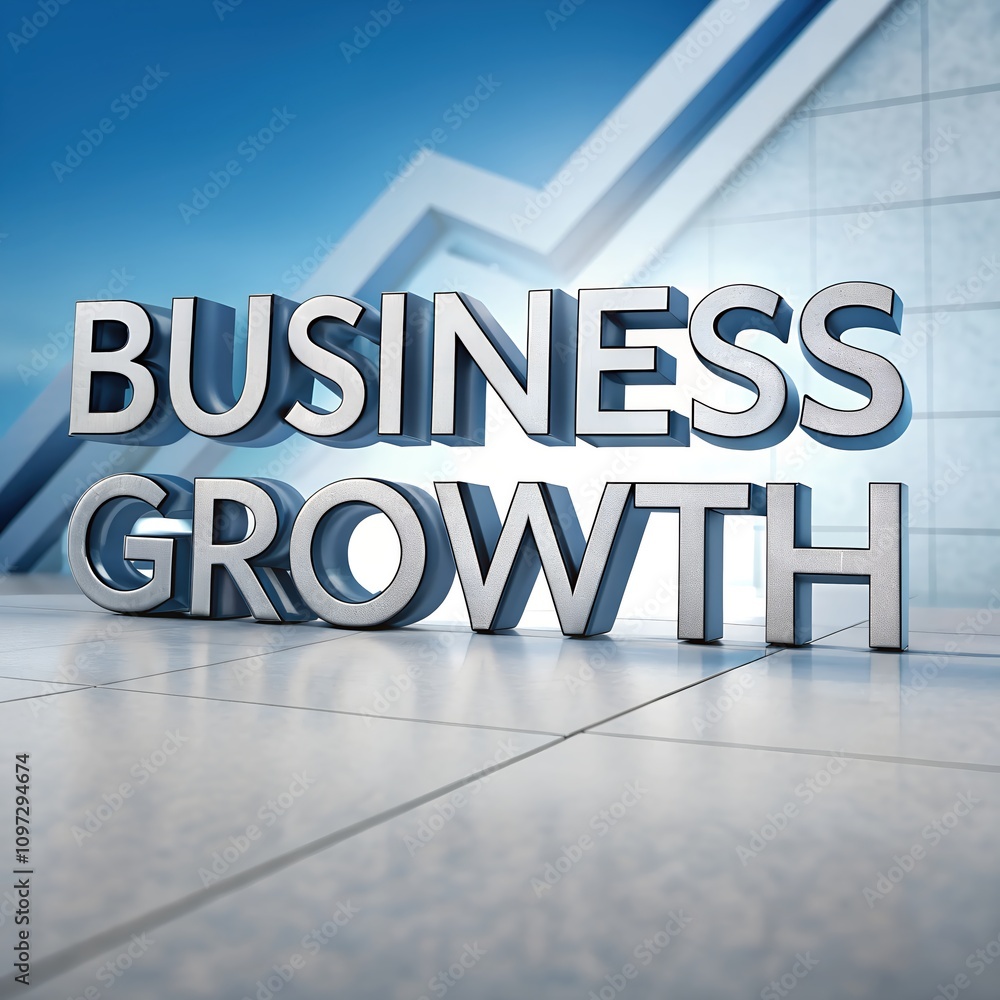 3D metallic text 'Business Growth' set against a rising graph background, symbolizing upward trends and prosperous development in a corporate context. 3D metallic text 'Business Growth' set against a rising graph background, symbolizing upward trends and prosperous development in a corporate context.