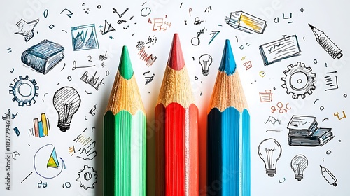  A colorful pencil with arrows pointing up and down design symbolizes the growth of ideas in business or education. The arrows are made from different color designs, such as red for energy design,  photo