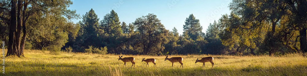 A family of deer grazing peacefully in a meadow, framed by towering trees and a clear blue sky. A family of deer grazing peacefully in a meadow, framed by towering trees and a clear blue sky.