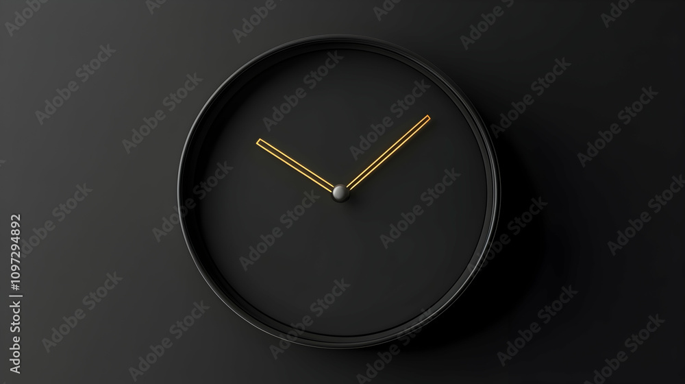 Minimalist black clock with gold hands showing the time. Minimalist black clock with gold hands showing the time.