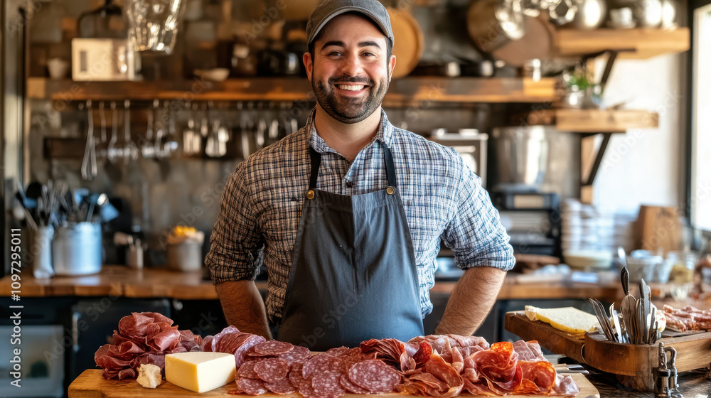 Smiling chef standing proudly with charcuterie board filled with meats and cheese, showcasing culinary skills in warm kitchen atmosphere Smiling chef standing proudly with charcuterie board filled with meats and cheese, showcasing culinary skills in warm kitchen atmosphere