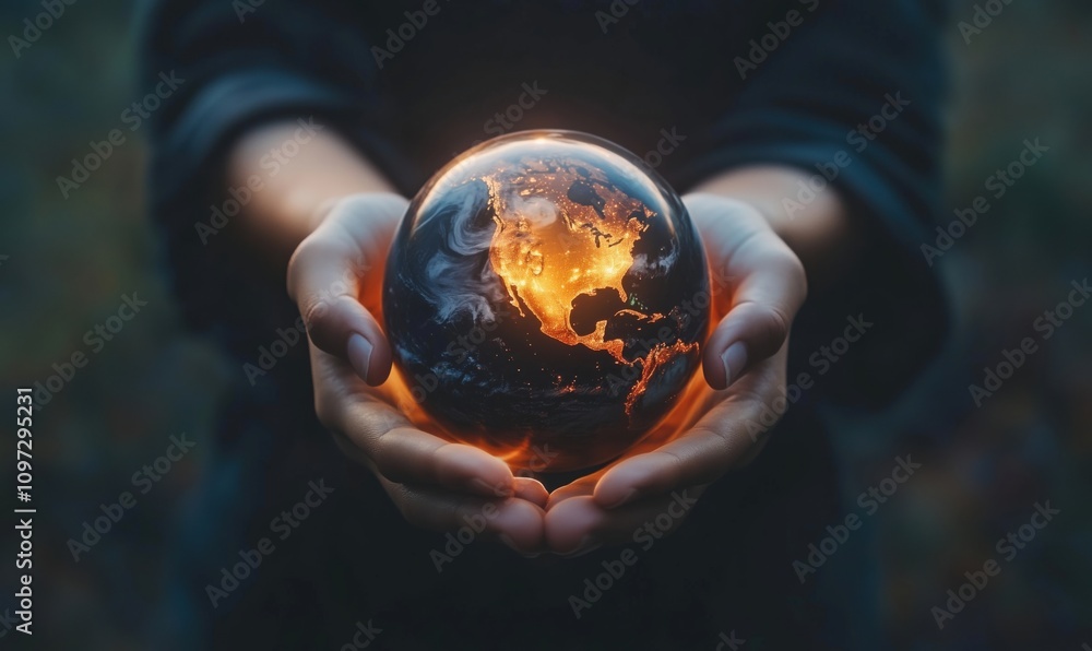 Fototapeta premium Glowing Earth held in hands, symbolizing care for planet, warmth emanating from globe, dark background, focus on hands and globe