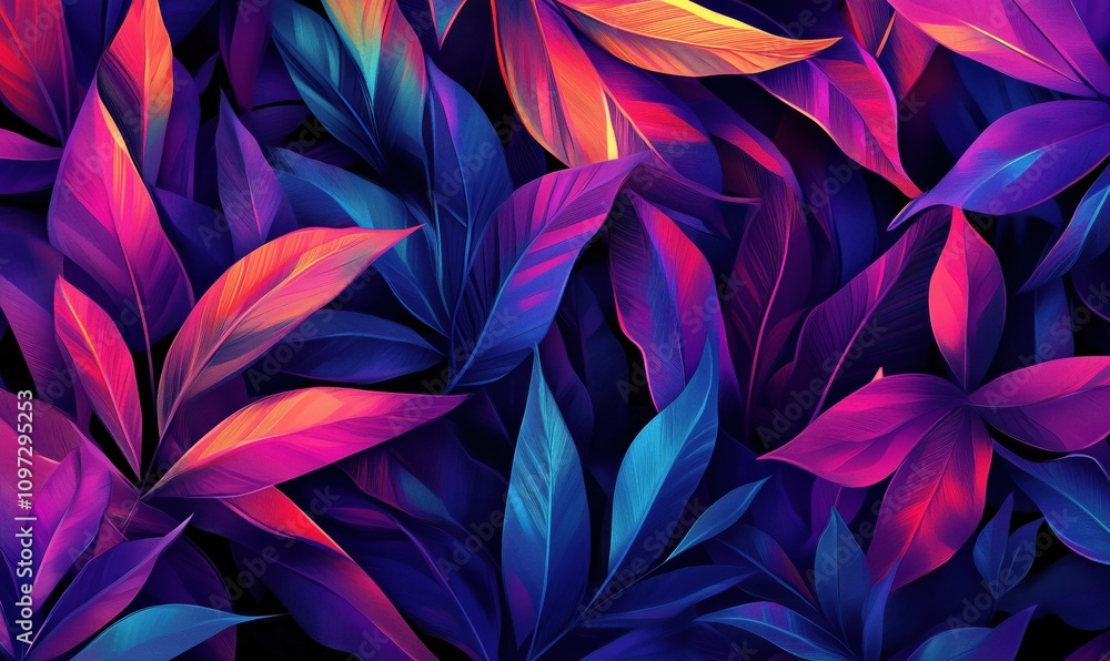 Vibrant foliage pattern with colorful leaves, rich hues of purple, pink, blue, and orange, creating a striking visual effect Vibrant foliage pattern with colorful leaves, rich hues of purple, pink, blue, and orange, creating a striking visual effect