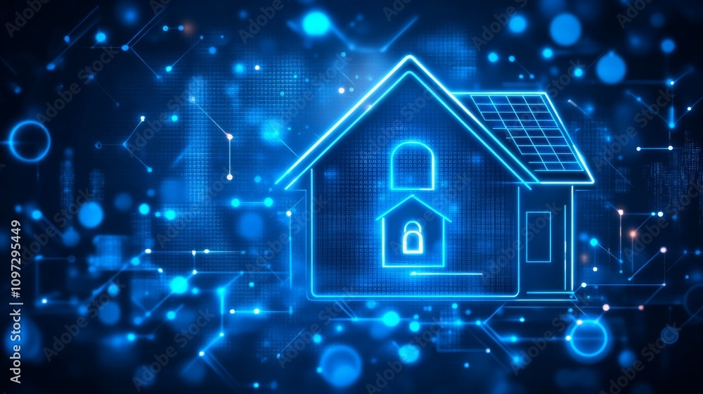 Blue glowing blueprint of a futuristic smart home with intricate digital details, symbolizing advanced IoT technology and energy efficient design in housing innovation Blue glowing blueprint of a futuristic smart home with intricate digital details, symbolizing advanced IoT technology and energy efficient design in housing innovation