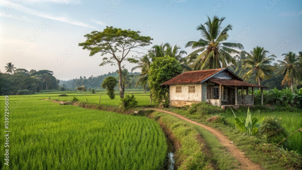 Isolated Small House in Lush Greenery of Sri Lanka's Paddy Fields - Capturing Rural Life and Poverty in a Serene Village Setting Isolated Small House in Lush Greenery of Sri Lanka's Paddy Fields - Capturing Rural Life and Poverty in a Serene Village Setting