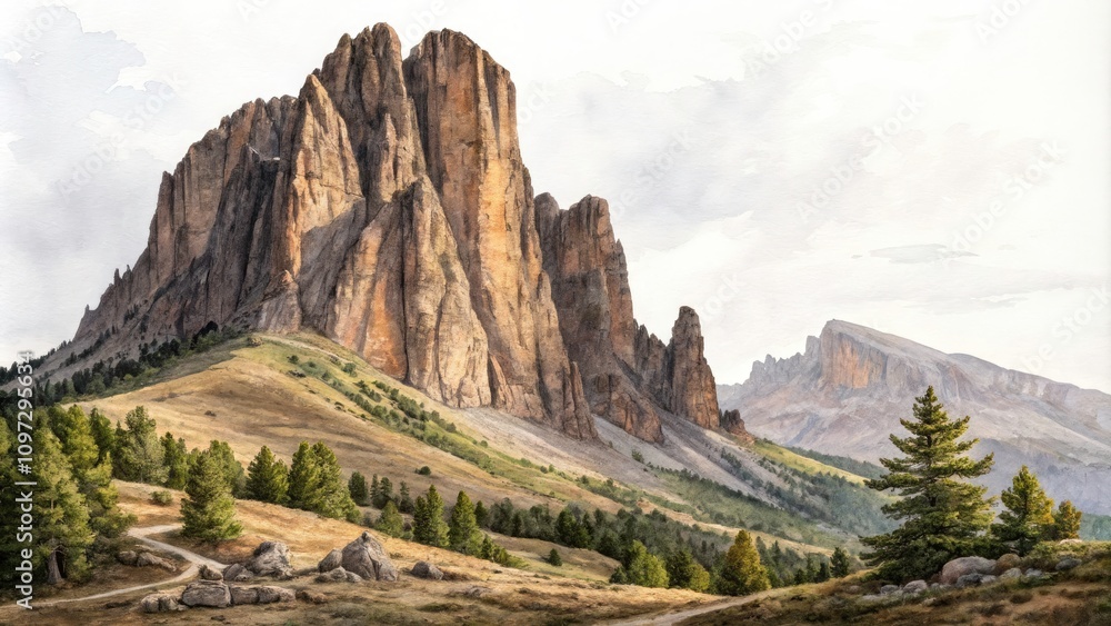 Jagged Rocky Mountain Landscape Watercolor Illustration with Sharp Cliffs and Dramatic Terrain in Earthy Tones Isolated on White Background, Perfect for Nature and Adventure Themes Jagged Rocky Mountain Landscape Watercolor Illustration with Sharp Cliffs and Dramatic Terrain in Earthy Tones Isolated on White Background, Perfect for Nature and Adventure Themes