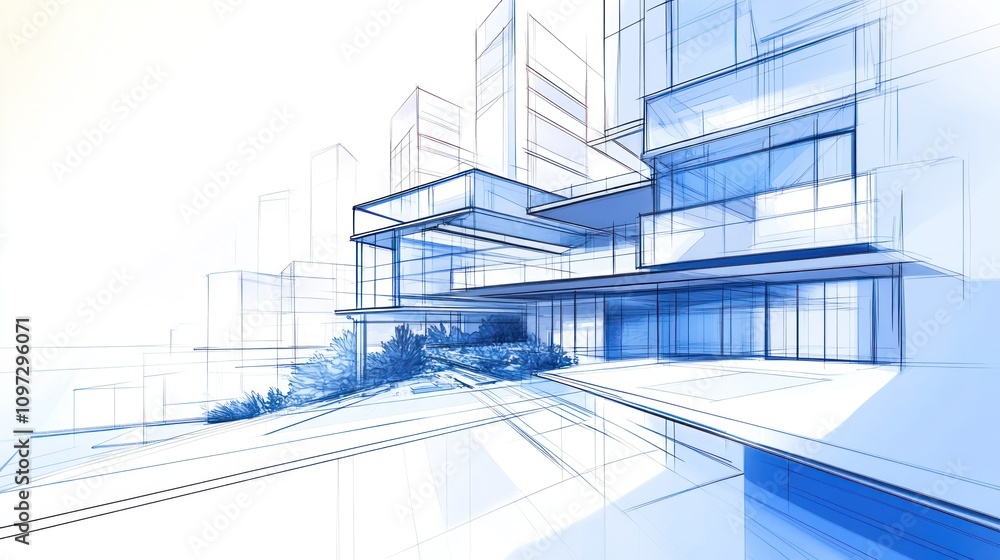 Architectural Design Sketch: Modern Building Blueprint Architectural Design Sketch: Modern Building Blueprint