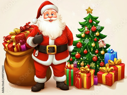 Smiling Santa with Gifts by Christmas Tree