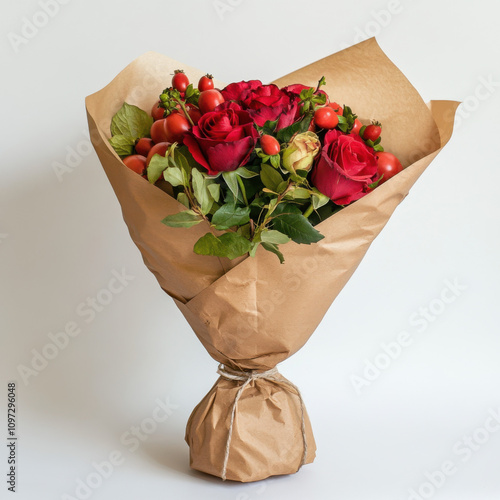 Red flowers bouquet wrapped in kraftpapier, brown paper, tied with a string, photorealistic, the flowers are roses, Red toy Cars, strawbwerry, Red Apple, Red tomato, Red paprika  photo