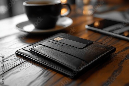 Wallpaper Mural Close-up of a Black Leather Wallet with Credit Cards on Wooden Table Torontodigital.ca