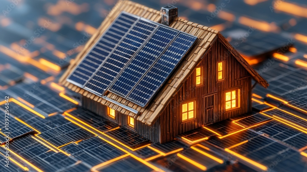 Close up of a miniature house with solar panels on a glowing digital circuit board, symbolizing sustainable energy, renewable innovation, and intelligent housing technologies Close up of a miniature house with solar panels on a glowing digital circuit board, symbolizing sustainable energy, renewable innovation, and intelligent housing technologies
