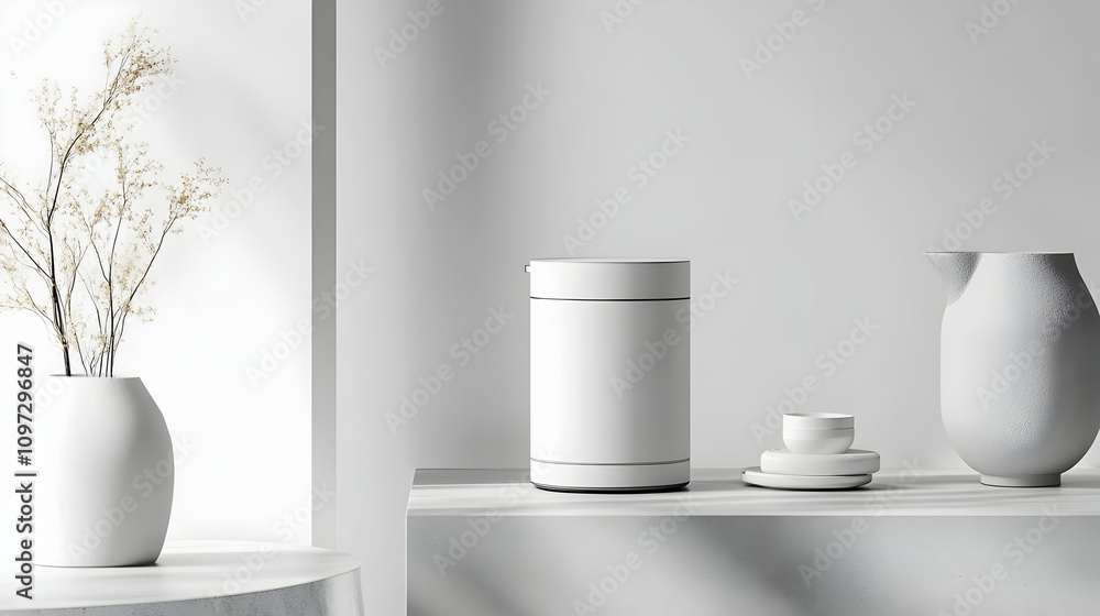 Minimalist white interior scene with cylindrical container, vase, and pitcher on shelf. Minimalist white interior scene with cylindrical container, vase, and pitcher on shelf.