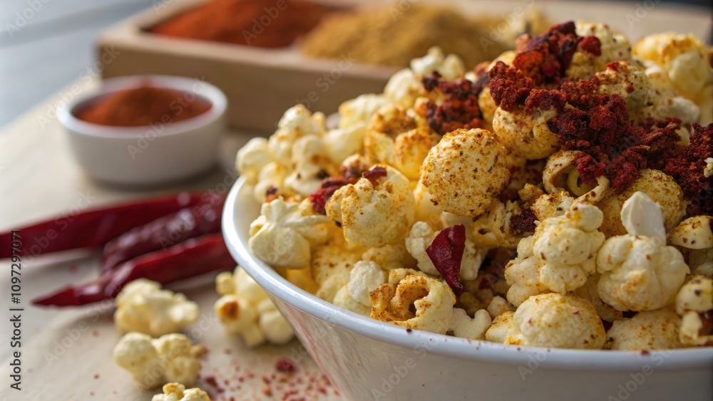 Macro Photography of Spicy Chili Hot Popcorn with Bursting Flavor, Colorful Textures, and Vibrant Spices for Snack Enthusiasts and Food Lovers Macro Photography of Spicy Chili Hot Popcorn with Bursting Flavor, Colorful Textures, and Vibrant Spices for Snack Enthusiasts and Food Lovers