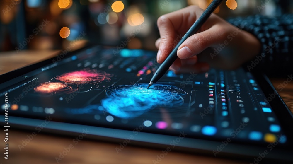 Digital Artist Using Stylus on Tablet to Create Abstract Artwork