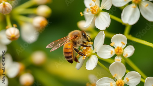 Selective focus on Honey bee collecting nectar from White flowers of Drumstick or Moringa flowers. Bee suck up honey from aroma flowers. photo