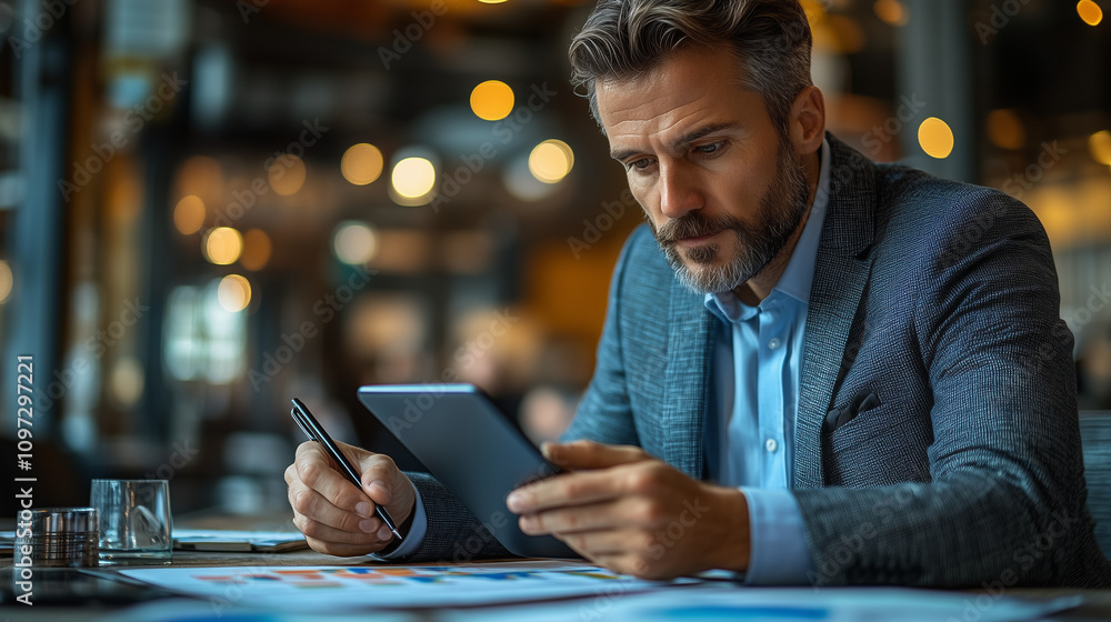 Fototapeta premium A professional jotting notes during a meeting while referencing a chart on a tablet screen