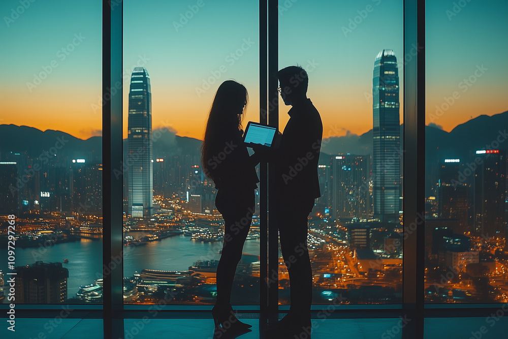 Employees collaborating on a tablet while standing near a large office window with a cityscape view Employees collaborating on a tablet while standing near a large office window with a cityscape view