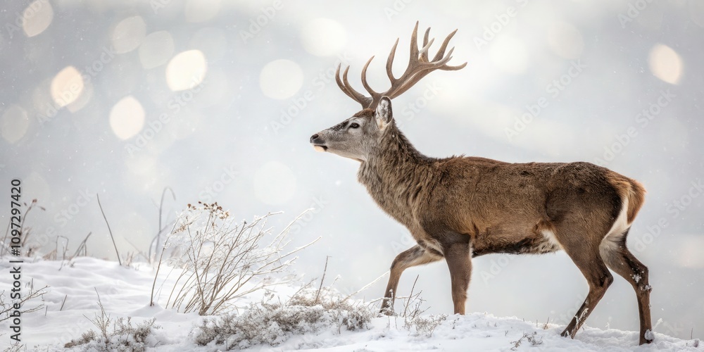 Fototapeta premium Majestic Deer with Antlers in Bokeh Effect - Nature Photography, Wildlife, Animal Portrait, White Background, Soft Focus, Beautiful Deer, Nature Lovers, Forest Creatures, Elegant Antlers, Bokeh Magic