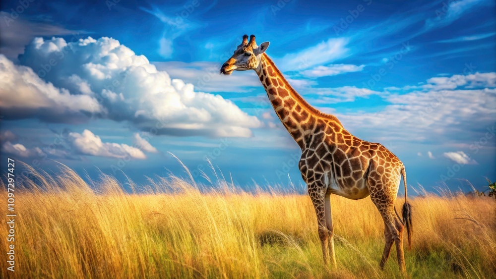 Fototapeta premium Majestic Giraffe in Tall Grass Beneath Clear Blue Sky - Night Photography, Wildlife, Nature, African Savanna, Animal Portrait, Scenic Landscape, Outdoor Adventure, Tranquil Scene