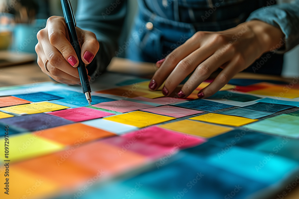 Naklejka premium A professional organizing colorful sticky notes during a project planning session in a creative workspace