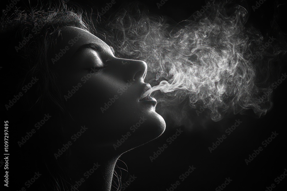 Monochrome Portrait: A Woman Exhaling Smoke Monochrome Portrait: A Woman Exhaling Smoke