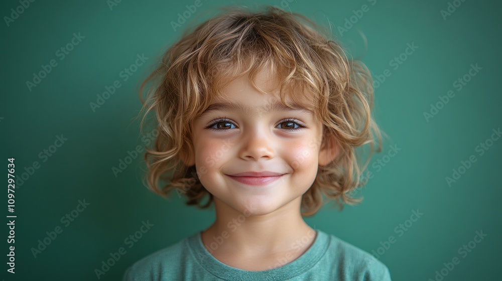 Portrait of a Happy Toddler with Curly Hair Against a Teal Background Portrait of a Happy Toddler with Curly Hair Against a Teal Background