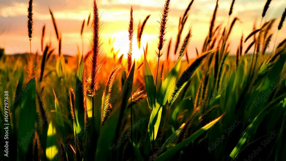 Vibrant Sunsetting Over Lush Green Grass in a Serene Countryside Landscape Vibrant Sunsetting Over Lush Green Grass in a Serene Countryside Landscape