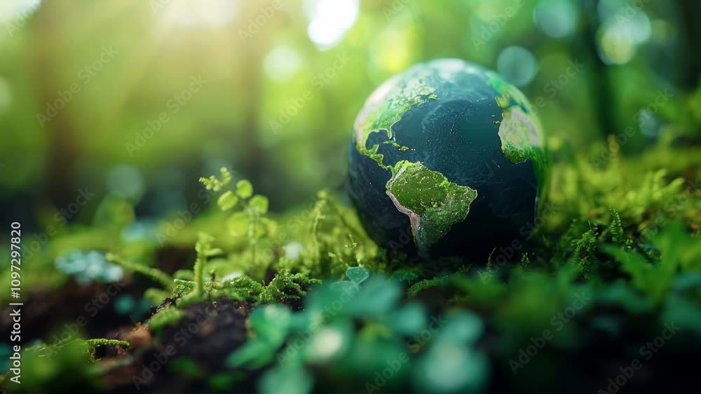 Earth Globe on Mossy Ground with Sunlight in Nature Representing Environmental Awareness Earth Globe on Mossy Ground with Sunlight in Nature Representing Environmental Awareness