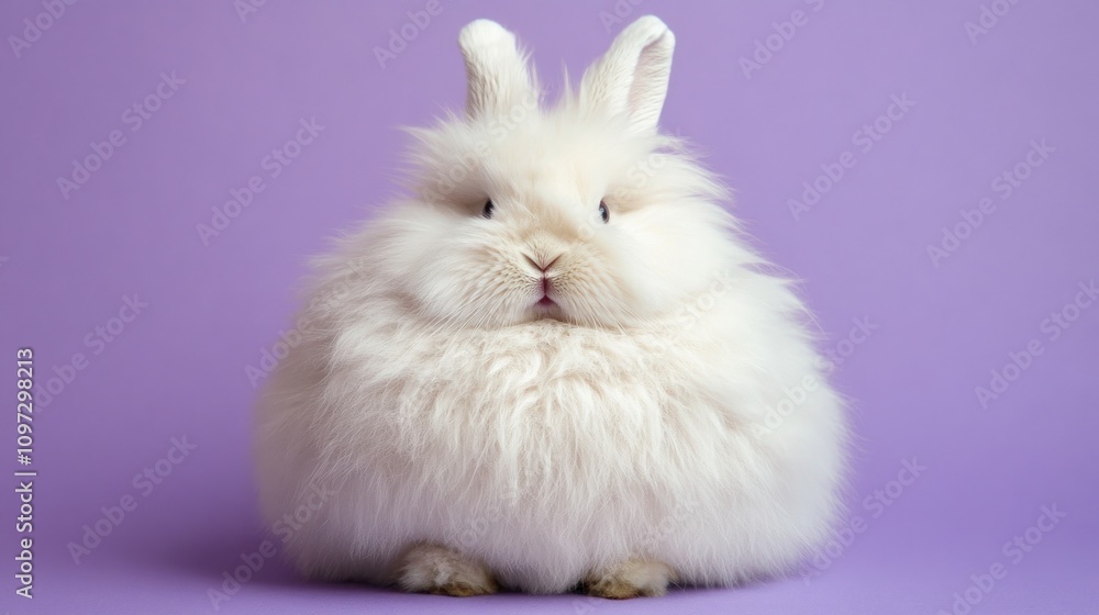 Adorable Fluffy White Angora Rabbit on Lavender Background Adorable Fluffy White Angora Rabbit on Lavender Background