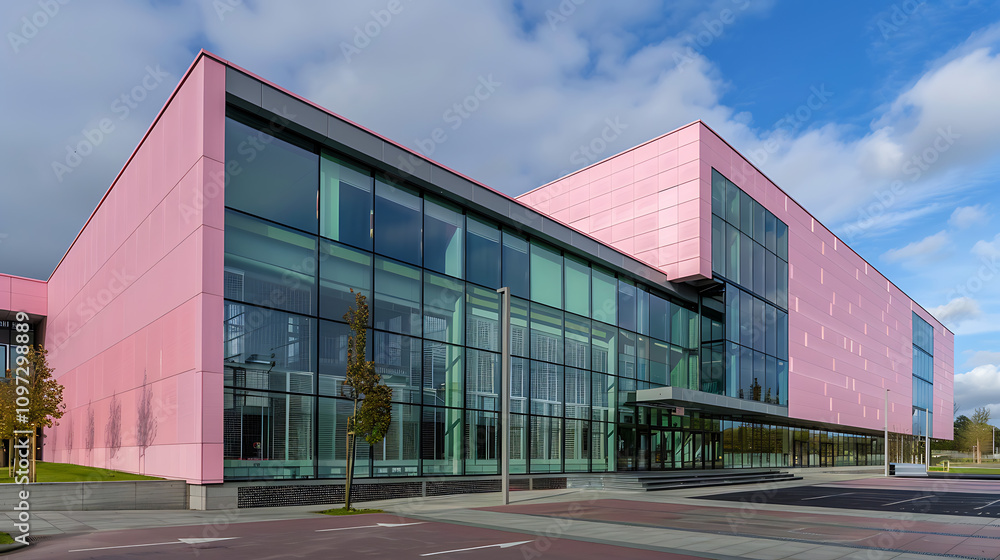 Modern Architectural Design: A Striking Pink Facade of an Innovative Building Showcasing Contemporary Style and Urban Aesthetic in a Clear Blue Sky Setting Modern Architectural Design: A Striking Pink Facade of an Innovative Building Showcasing Contemporary Style and Urban Aesthetic in a Clear Blue Sky Setting