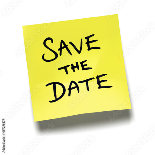 ‘Save the Date’ written on yellow sticky note with cast shadow 