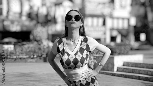 A playful look of a young woman wearing an unrecognizable sunglasses in black and white image.
