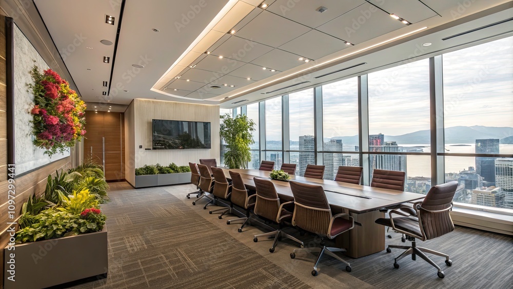 Fototapeta premium Modern Spacious Conference Room with Elegant Interior Design and Ample Natural Light for Professional Meetings