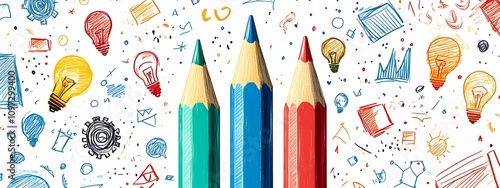  A colorful pencil with arrows pointing up and down design symbolizes the growth of ideas in business or education. The arrows are made from different color designs, such as red for energy design,  photo