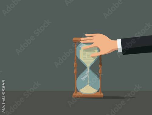 cartoon illustration of a person's hand picking up a glass hourglass