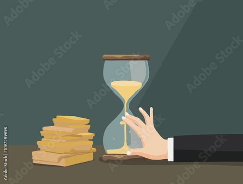 cartoon illustration of a person's hand picking up a glass hourglass