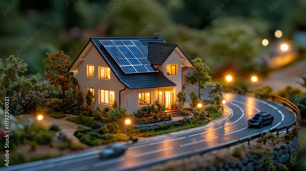 Scenic suburban house at dusk with solar panels on the roof and glowing warm lights, surrounded by greenery, symbolizing modern energy solutions and serene eco living Scenic suburban house at dusk with solar panels on the roof and glowing warm lights, surrounded by greenery, symbolizing modern energy solutions and serene eco living