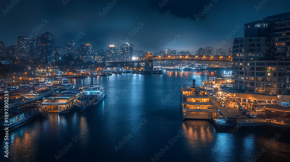 A city harbor at night with ships docked, illuminated bridges, and city lights shimmering off the water’s surface A city harbor at night with ships docked, illuminated bridges, and city lights shimmering off the water’s surface