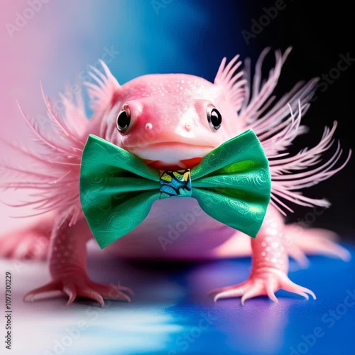 A cute pink axolotl wearing a bright green bow tie against a bold blue background. Uniqueness, charm, and creativity concept photo